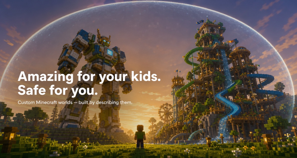 Amazing for your kids. Safe for you. Custom Minecraft worlds, built by describing them.